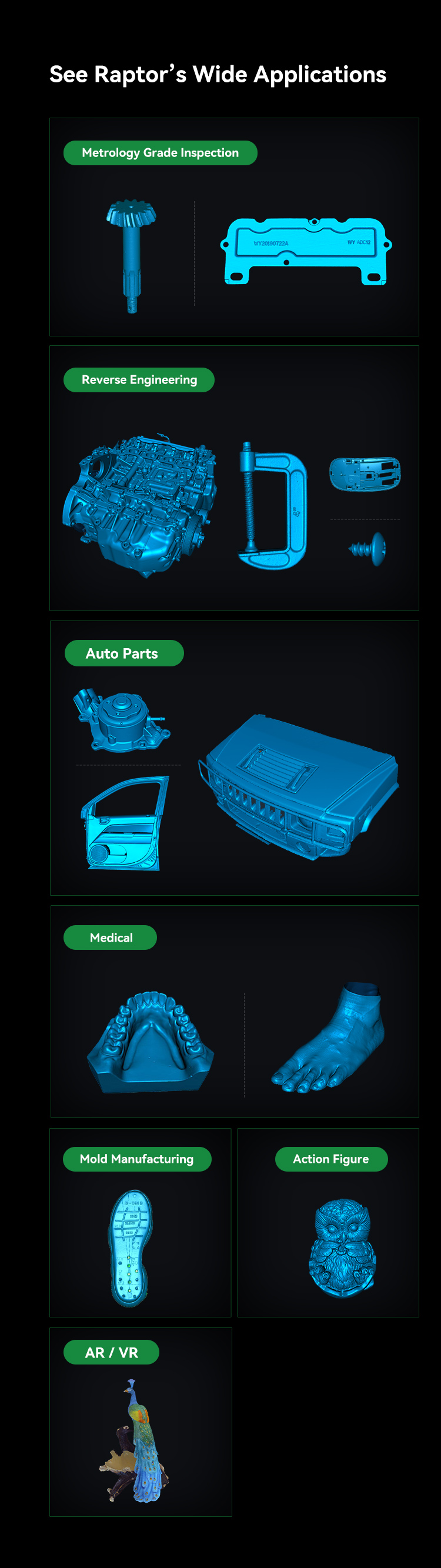 CR-Scan Raptor 3d scanner Applications